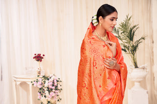 Peach Banarasi Silk Wedding Wear Saree With Blouse ClothsVilla