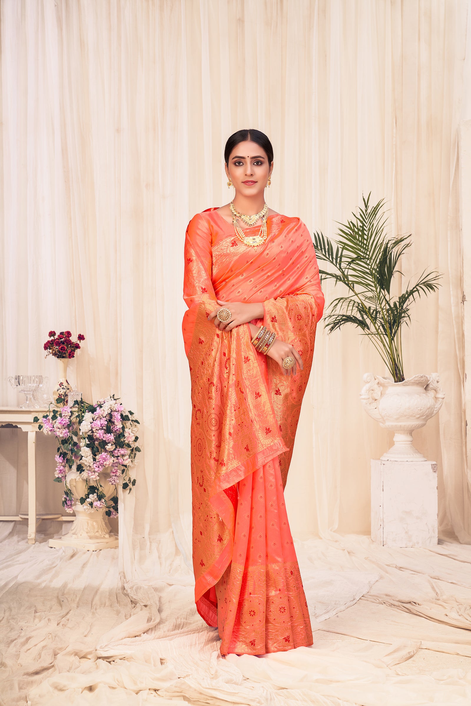 Peach Banarasi Silk Wedding Wear Saree With Blouse ClothsVilla