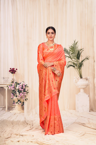 Peach Banarasi Silk Wedding Wear Saree With Blouse ClothsVilla