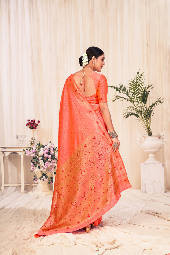 Peach Banarasi Silk Wedding Wear Saree With Blouse ClothsVilla
