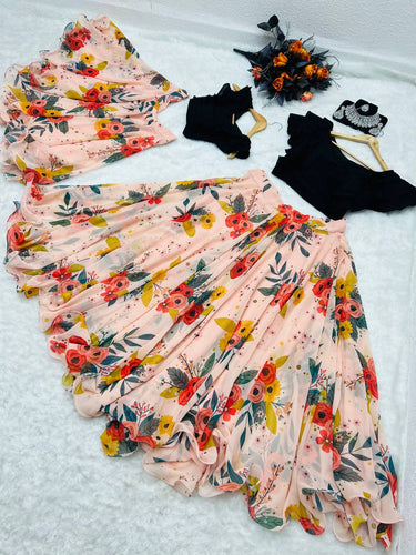 Peach Color Floral Printed Lehenga with Black Top Mother Daughter Combo Clothsvilla