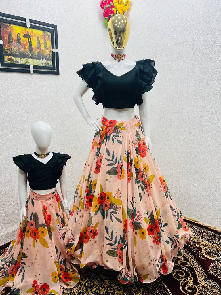 Peach Color Floral Printed Lehenga with Black Top Mother Daughter Combo Clothsvilla