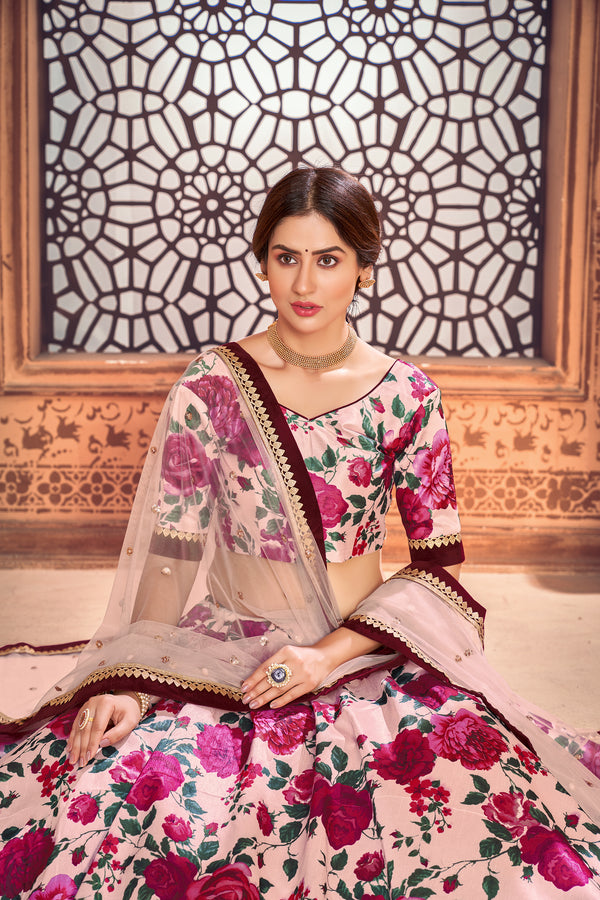 Peach Color Function Wear Tafetta Silk Fabric Printed Lehenga Choli ClothsVilla