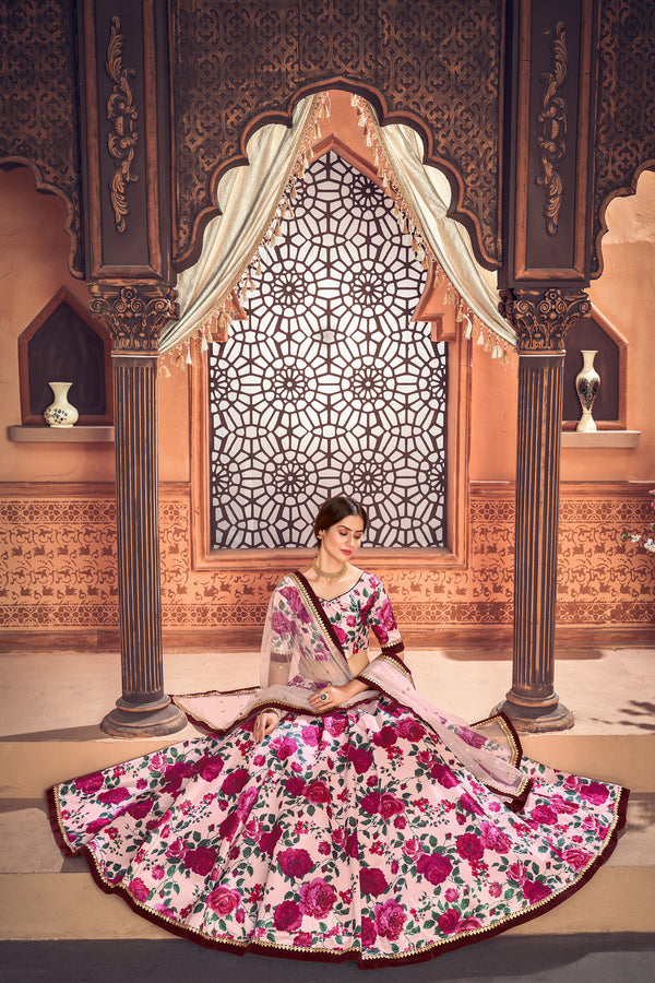 Peach Color Function Wear Tafetta Silk Fabric Printed Lehenga Choli ClothsVilla