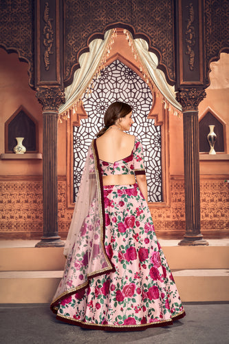 Peach Color Function Wear Tafetta Silk Fabric Printed Lehenga Choli ClothsVilla