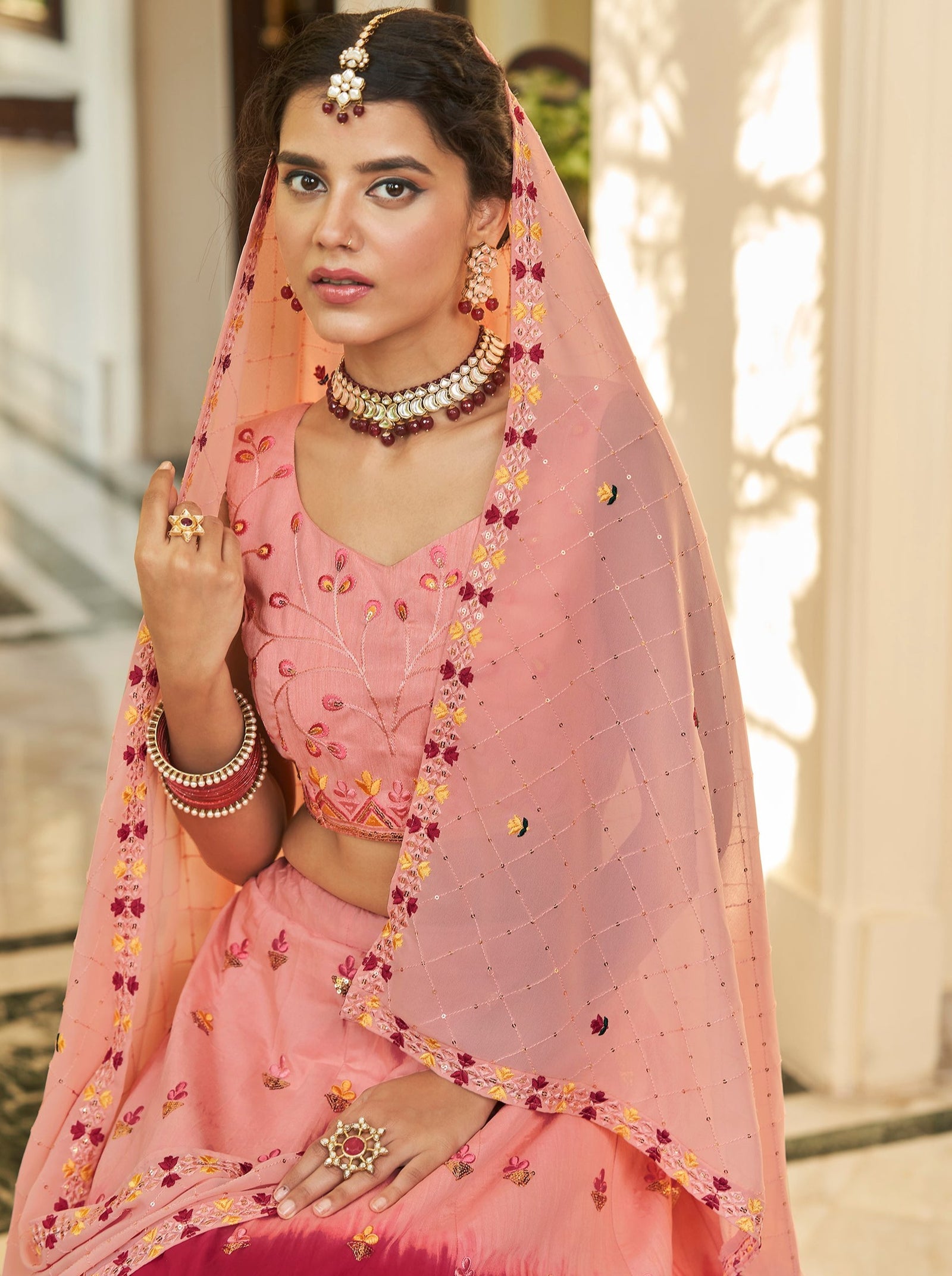 Peach Deep Pink Thread And Sequins Embroidered Work Art Silk Festive & Party Wear Semi Stitched Lehenga ClothsVilla