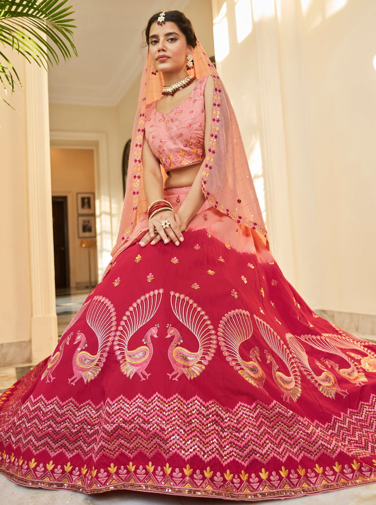 Peach Deep Pink Thread And Sequins Embroidered Work Art Silk Festive & Party Wear Semi Stitched Lehenga ClothsVilla