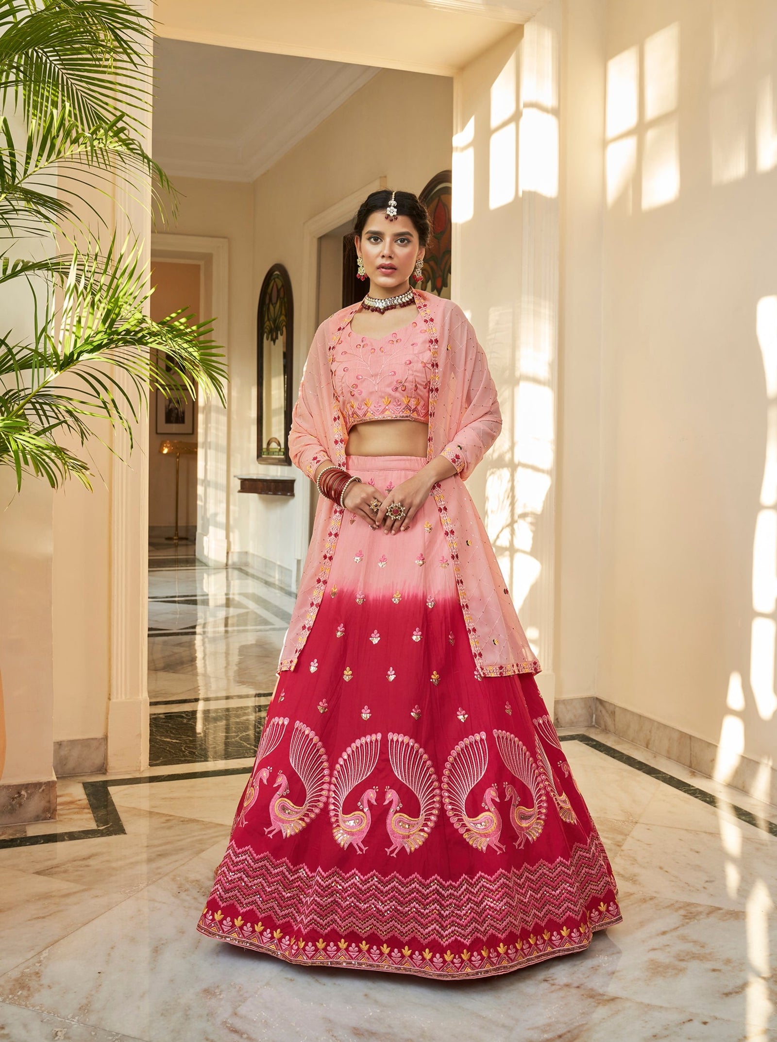 Peach Deep Pink Thread And Sequins Embroidered Work Art Silk Festive & Party Wear Semi Stitched Lehenga ClothsVilla