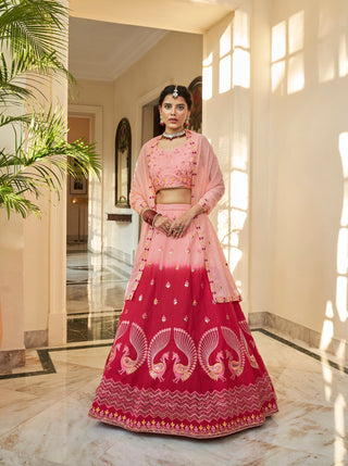 Peach Deep Pink Thread And Sequins Embroidered Work Art Silk Festive & Party Wear Semi Stitched Lehenga ClothsVilla