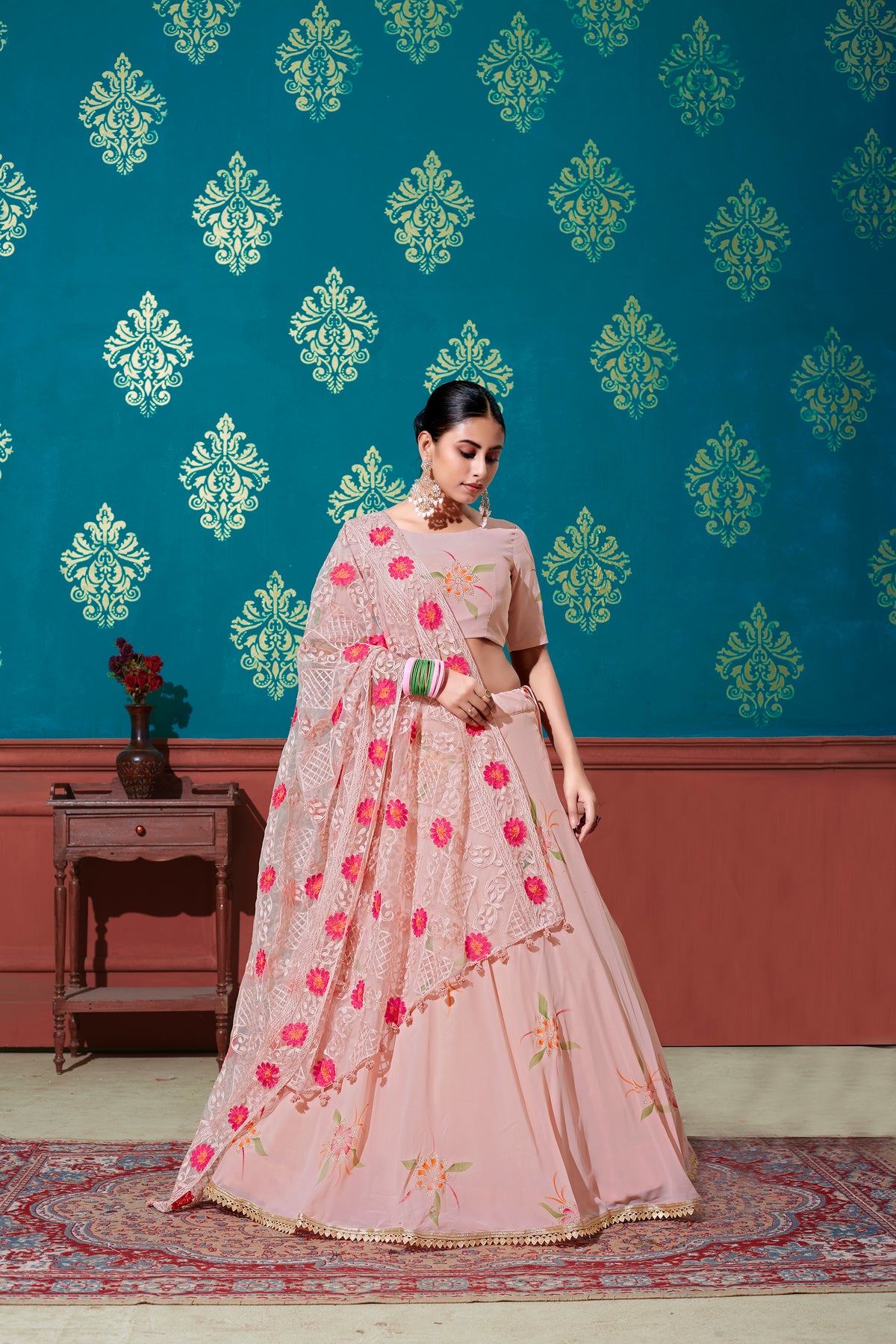 Peach Embroidered Georgette Party Wear Lehenga Choli ClothsVilla Main image