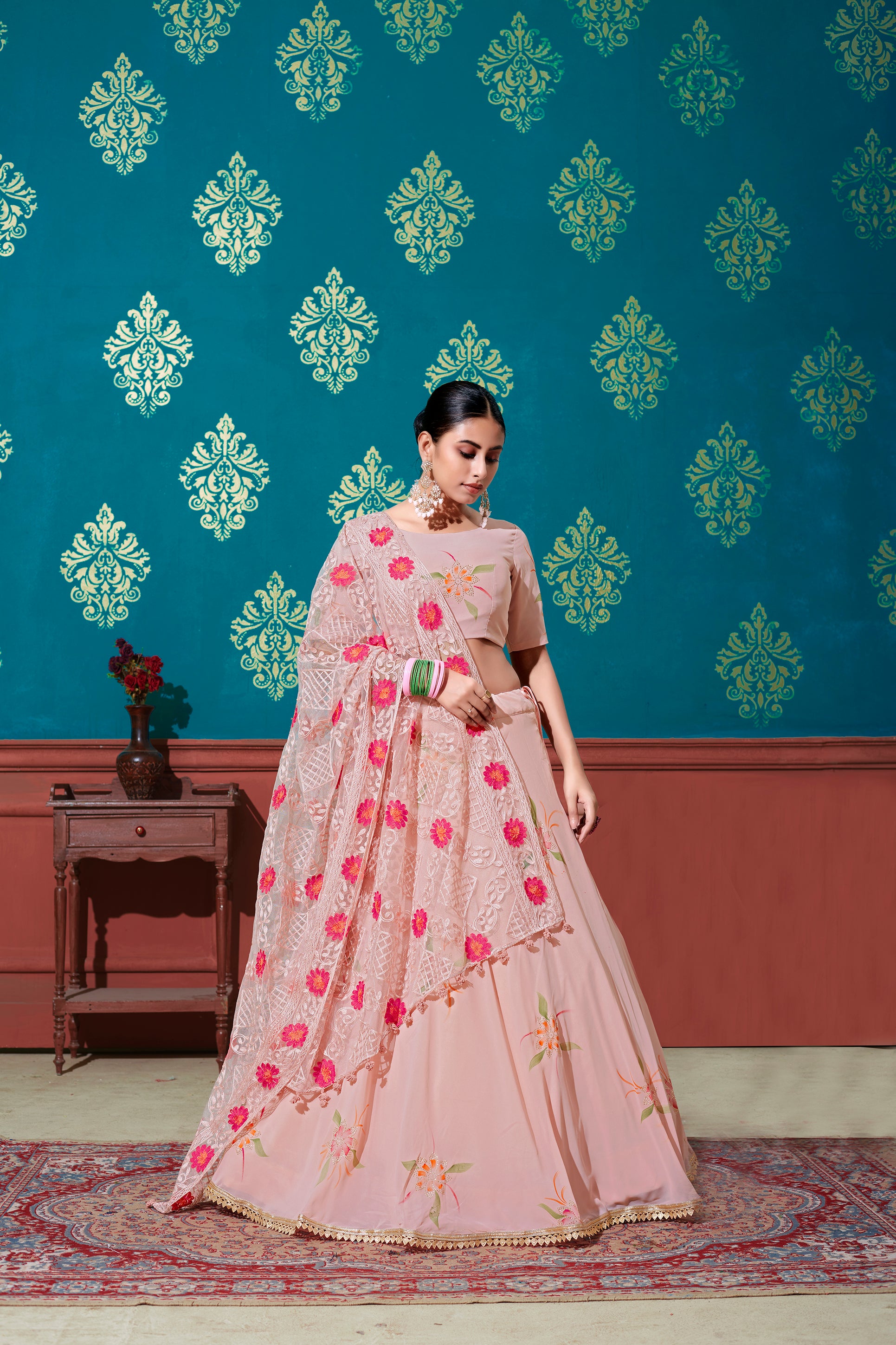 Peach Embroidered Georgette Party Wear Lehenga Choli ClothsVilla