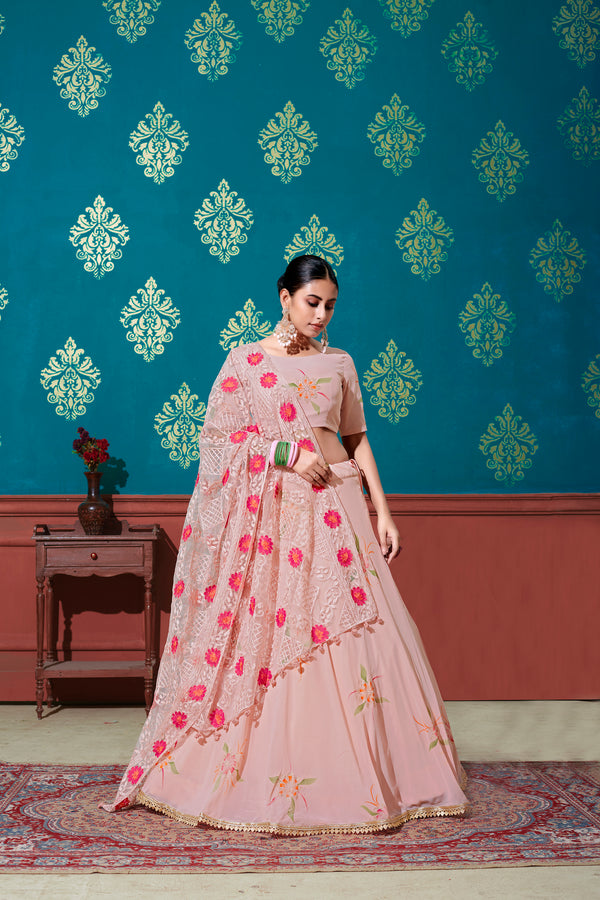 Peach Embroidered Georgette Party Wear Lehenga Choli ClothsVilla