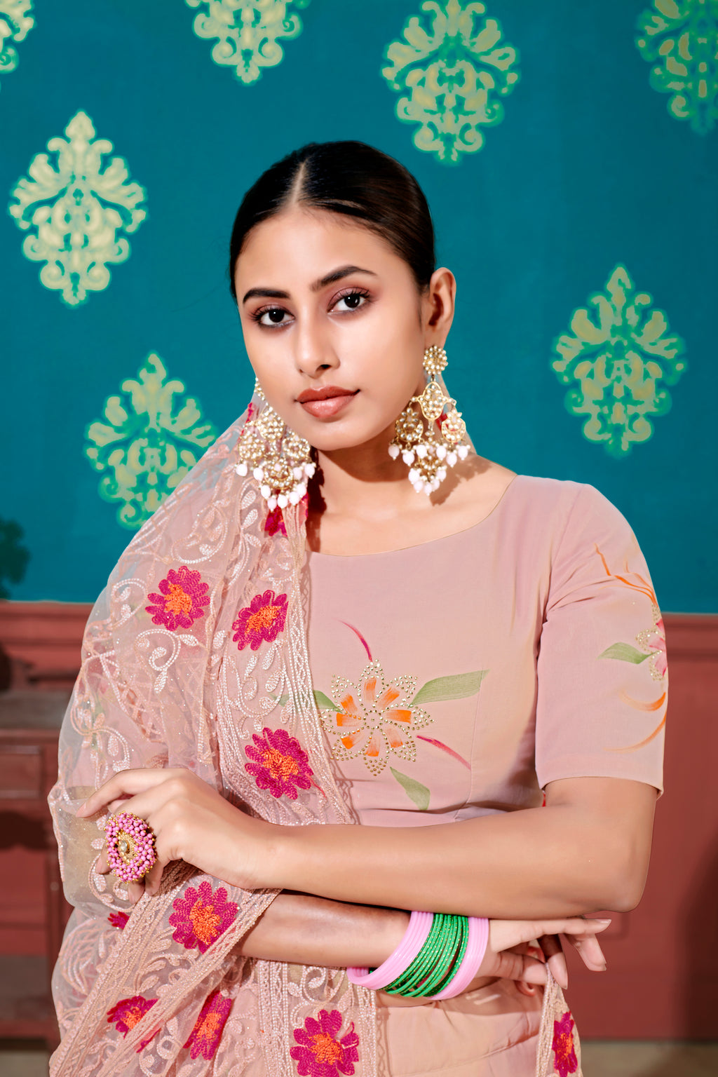 Peach Embroidered Georgette Party Wear Lehenga Choli ClothsVilla