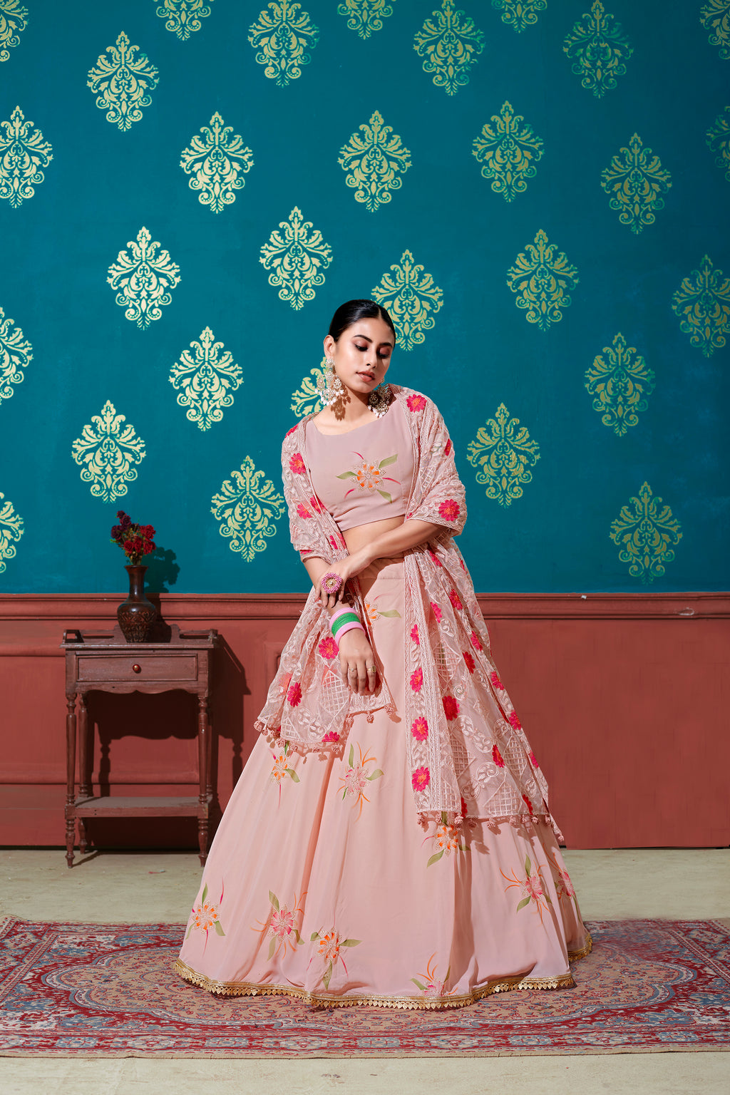 Peach Embroidered Georgette Party Wear Lehenga Choli ClothsVilla