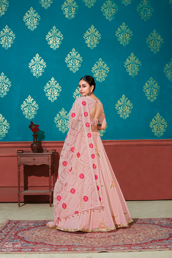 Peach Embroidered Georgette Party Wear Lehenga Choli ClothsVilla