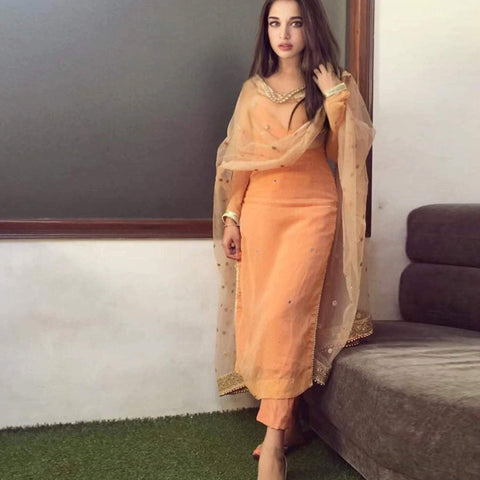 Peach Georgette Salwar Suit with Pearl Work Readymade Dupatta ClothsVilla Main image