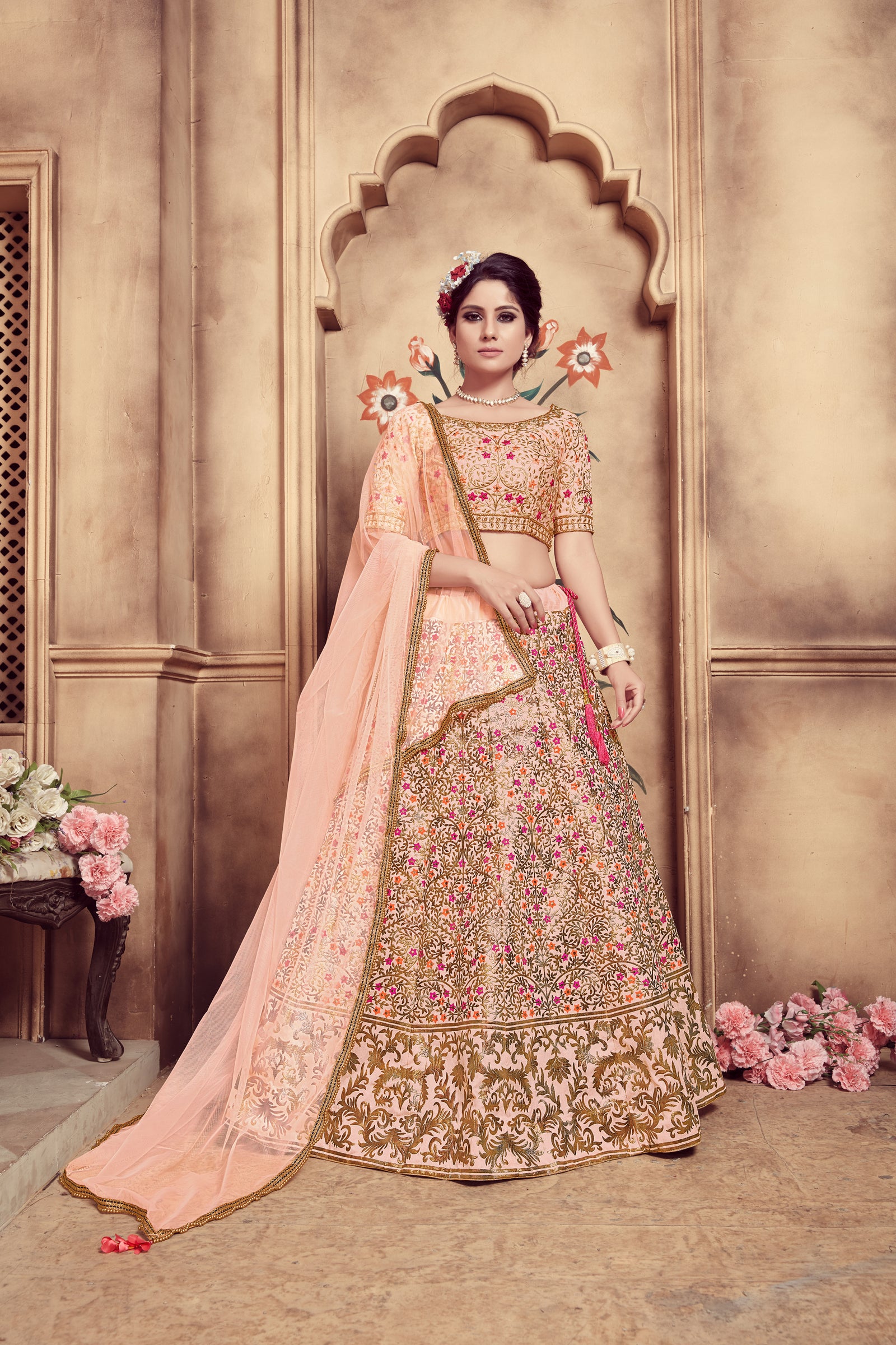 Peach Hand Work Foil Print And Soft Net Silk Lehenga Choli ClothsVilla