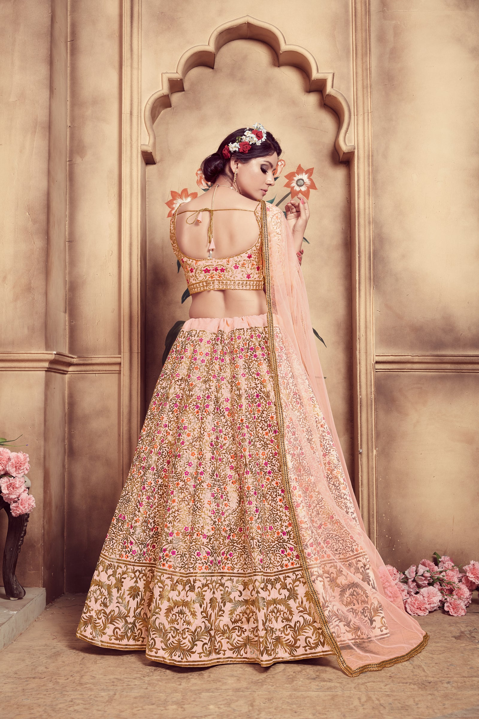 Peach Hand Work Foil Print And Soft Net Silk Lehenga Choli ClothsVilla