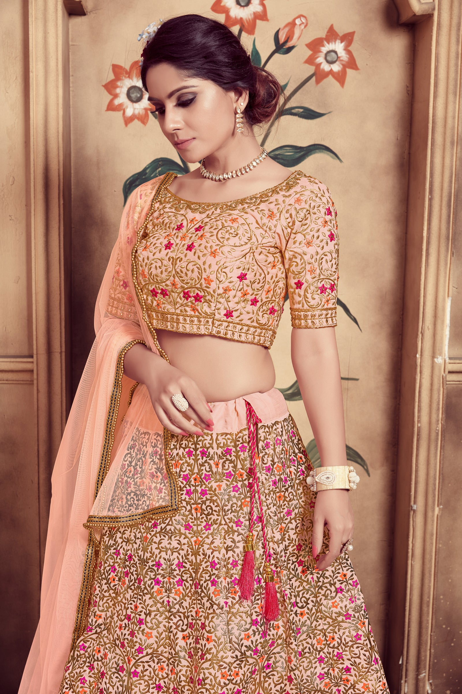 Peach Hand Work Foil Print And Soft Net Silk Lehenga Choli ClothsVilla