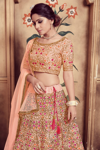 Peach Hand Work Foil Print And Soft Net Silk Lehenga Choli ClothsVilla
