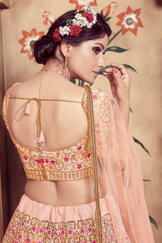 Peach Hand Work Foil Print And Soft Net Silk Lehenga Choli ClothsVilla