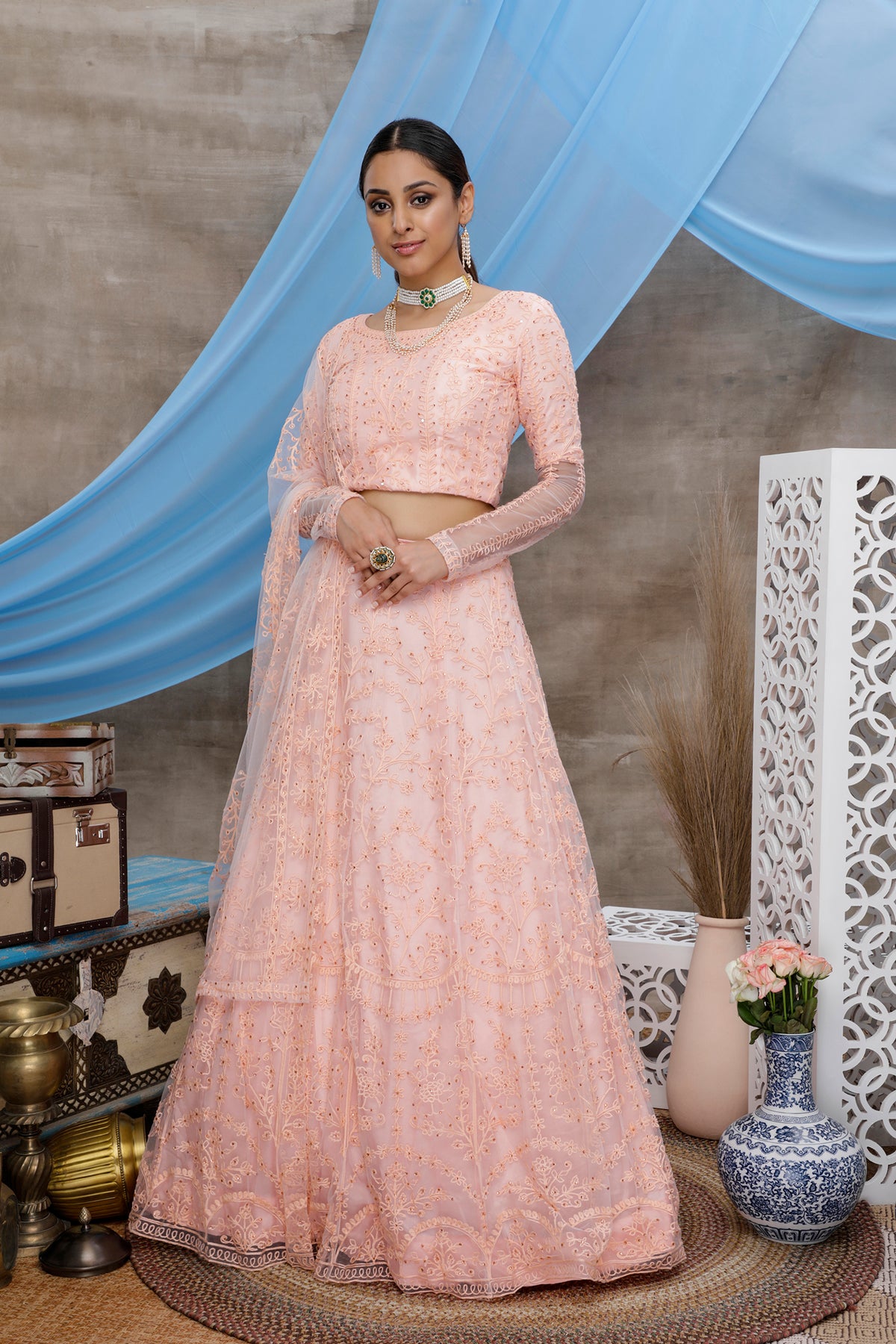 Peach Lehenga Choli Thread embroidered with stone pasting And Bridal Net, Party Wears, Bridesmaid, Indian Tradition Function Lehenga Choli ClothsVilla Main image