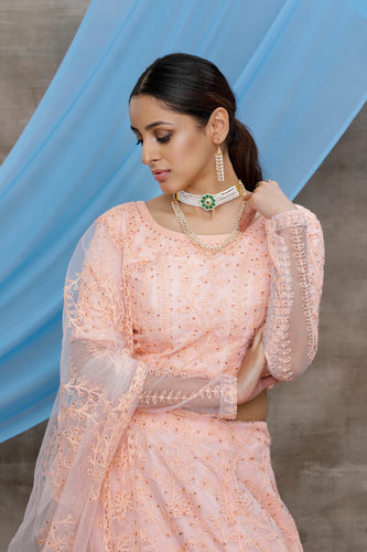Peach Lehenga Choli Thread embroidered with stone pasting And Bridal Net, Party Wears, Bridesmaid, Indian Tradition Function Lehenga Choli ClothsVilla