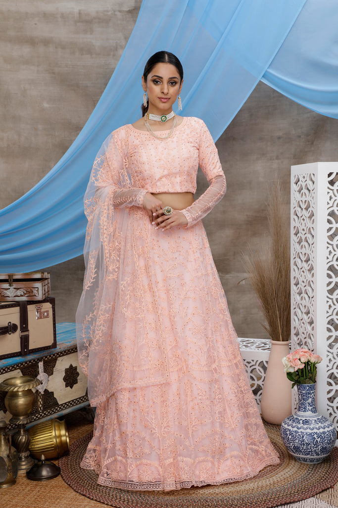 Peach Lehenga Choli Thread embroidered with stone pasting And Bridal Net, Party Wears, Bridesmaid, Indian Tradition Function Lehenga Choli ClothsVilla