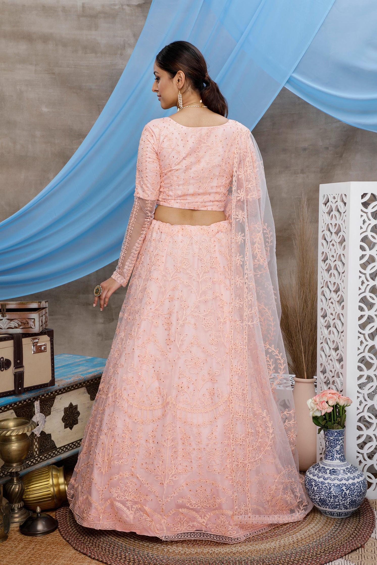 Peach Lehenga Choli Thread embroidered with stone pasting And Bridal Net, Party Wears, Bridesmaid, Indian Tradition Function Lehenga Choli ClothsVilla
