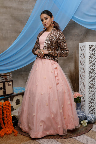 Peach Lehenga Choli With Designer Koti And Thread With Sequence Embroidered Work Bridesmaid, Wedding, Party, Bollywood Designer Lehenga ClothsVilla