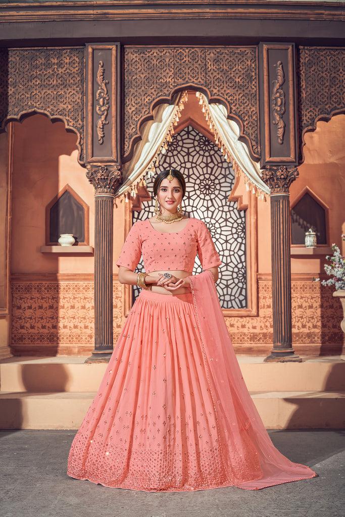 Peach Lehenga With Georgette Fabric And Thread With Sequince Embroidered Work And Heavy Can-Can Lehenga For Wedding And Party Wear For Women ClothsVilla