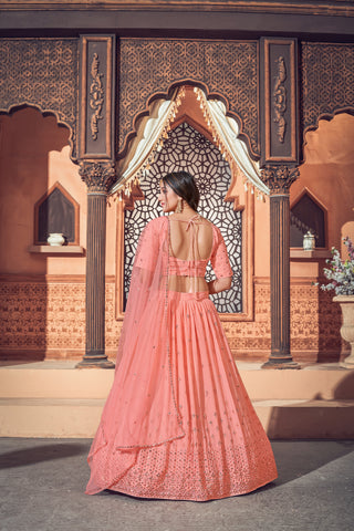 Peach Lehenga With Georgette Fabric And Thread With Sequince Embroidered Work And Heavy Can-Can Lehenga For Wedding And Party Wear For Women ClothsVilla