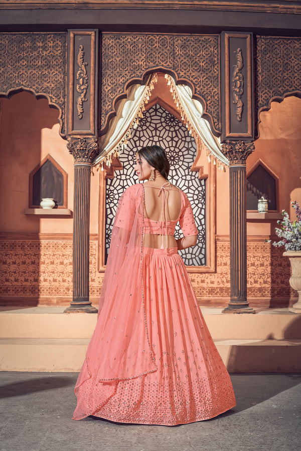 Peach Lehenga With Georgette Fabric And Thread With Sequince Embroidered Work And Heavy Can-Can Lehenga For Wedding And Party Wear For Women ClothsVilla