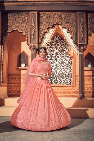 Peach Lehenga With Georgette Fabric And Thread With Sequince Embroidered Work And Heavy Can-Can Lehenga For Wedding And Party Wear For Women ClothsVilla