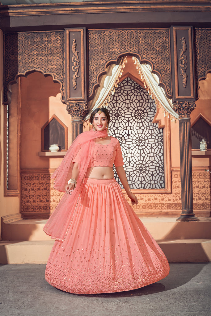 Peach Lehenga With Georgette Fabric And Thread With Sequince Embroidered Work And Heavy Can-Can Lehenga For Wedding And Party Wear For Women ClothsVilla