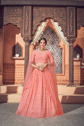 Peach Lehenga With Georgette Fabric And Thread With Sequince Embroidered Work And Heavy Can-Can Lehenga For Wedding And Party Wear For Women ClothsVilla
