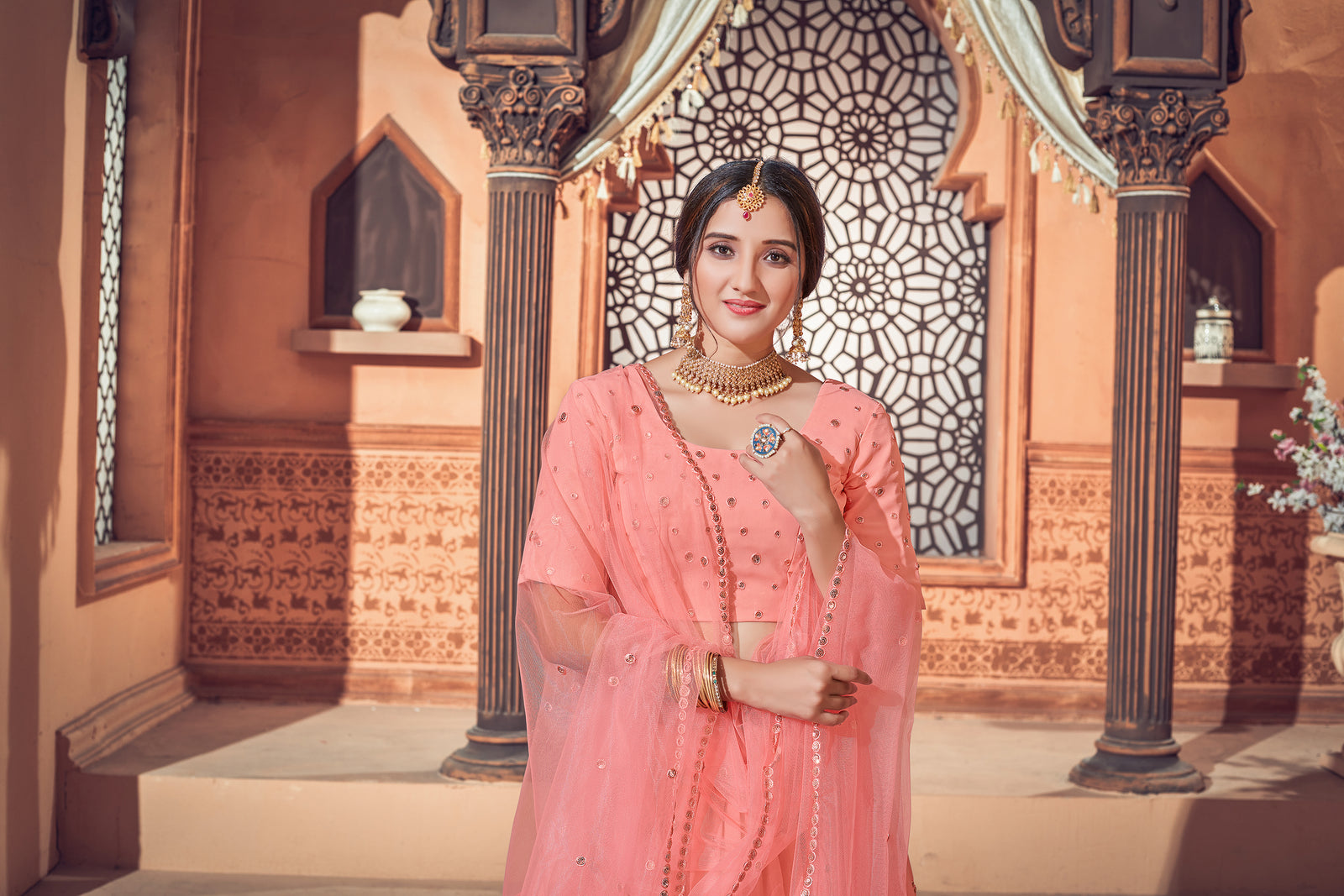 Peach Lehenga With Georgette Fabric And Thread With Sequince Embroidered Work And Heavy Can-Can Lehenga For Wedding And Party Wear For Women ClothsVilla