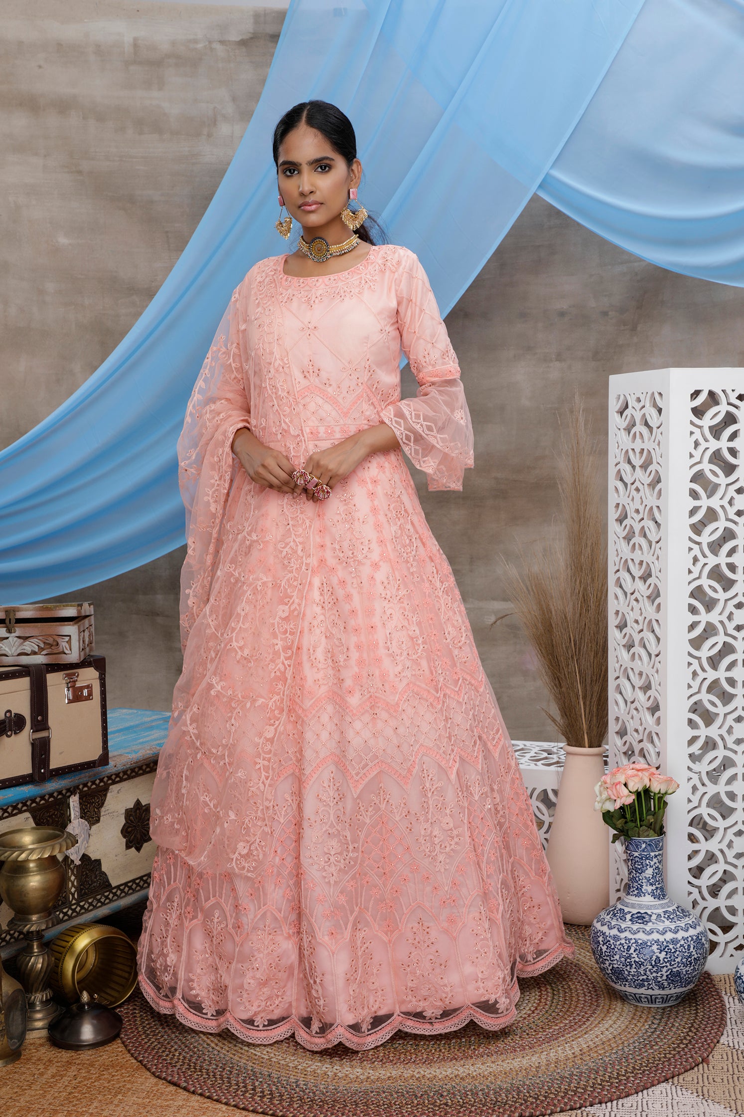 Peach Multi Thread Work Net Long Party Wear Gown ClothsVilla