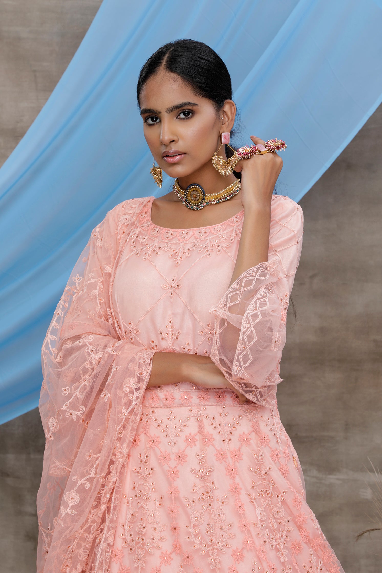 Peach Multi Thread Work Net Long Party Wear Gown ClothsVilla