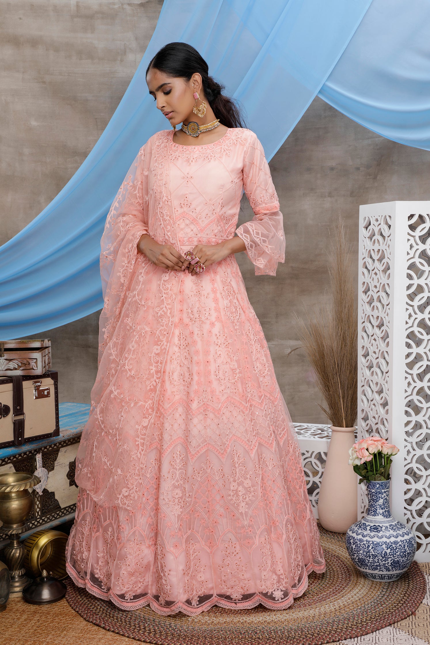 Peach Multi Thread Work Net Long Party Wear Gown ClothsVilla