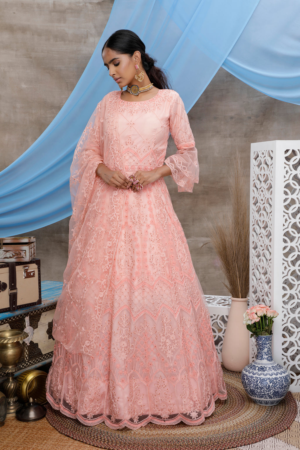 Peach Multi Thread Work Net Long Party Wear Gown ClothsVilla