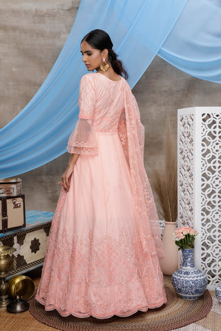 Peach Multi Thread Work Net Long Party Wear Gown ClothsVilla