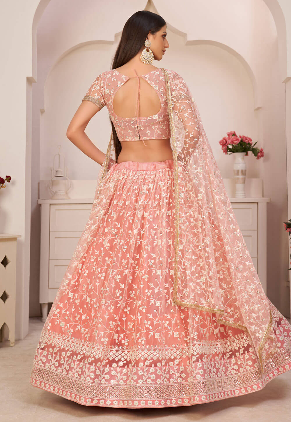 Peach Pink Lehenga Choli in Soft Net With Sequence and Thread Work Clothsvilla