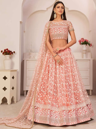Peach Pink Lehenga Choli in Soft Net With Sequence and Thread Work Clothsvilla