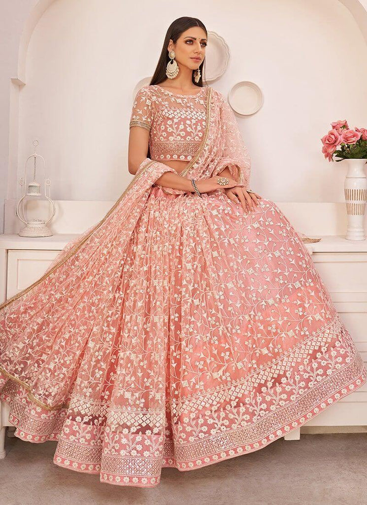 Peach Pink Lehenga Choli in Soft Net With Sequence and Thread Work Clothsvilla