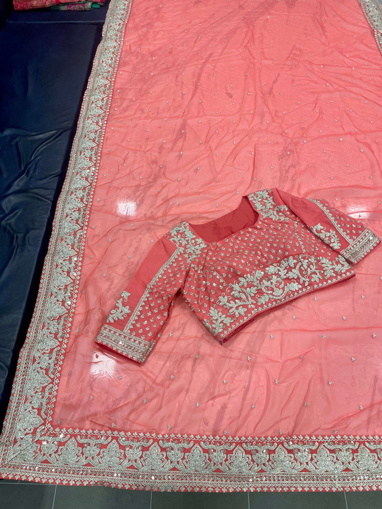 Peach Saree in Organza Silk With Dori And Sequence Work Clothsvilla