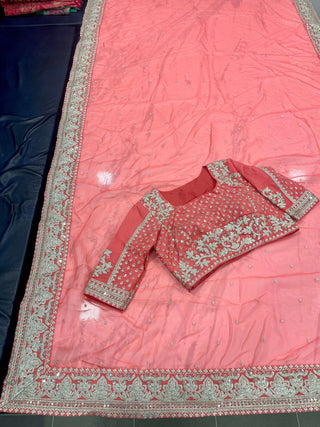 Peach Saree in Organza Silk With Dori And Sequence Work Clothsvilla