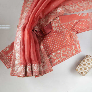 Peach Saree in Organza Silk With Dori And Sequence Work Clothsvilla