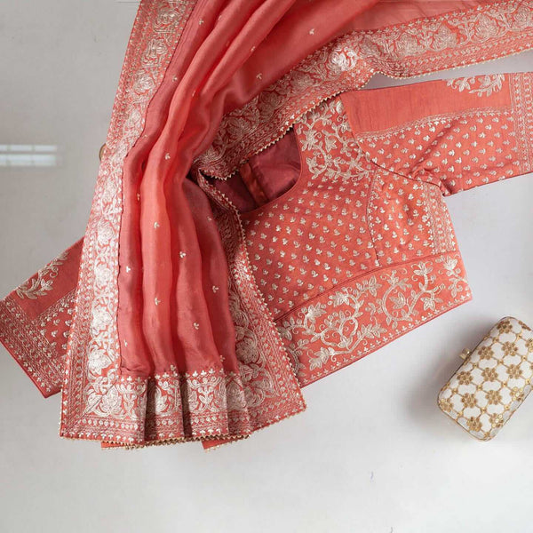 Peach Saree in Organza Silk With Dori And Sequence Work Clothsvilla