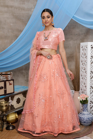 Peach Soft Net Designer Lehenga Choli Bollywood Lahanga Marriage Ghaghra Choli Indian Wedding Bridal Lahnga Party Wear Net Lengha Choli ClothsVilla